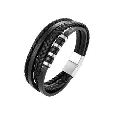 China 2021 New Fashion Men's Leather Rope Bracelet Double-layer Woven Stainless Steel Clasp Woven Wrapping Leather Bracelet For Men's Jewelry Gi for sale