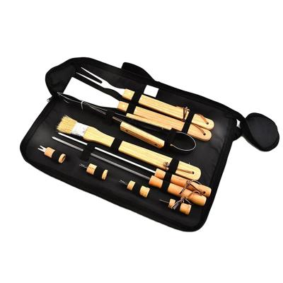 China Easily Cleaned 10 Pcs Wooden Handle Barbecue Set With Plastic Box Grill Set for sale