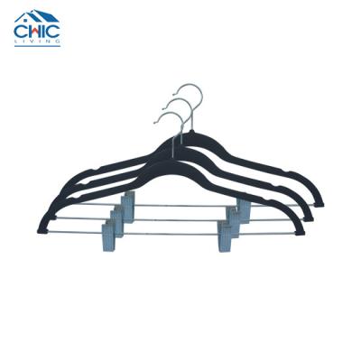 China Multifunctional Non-slip Strong Clothes Hanger Pants Hangers Durable Velvet Pants Hangers with Metal Clips for Pants/Skirt for sale