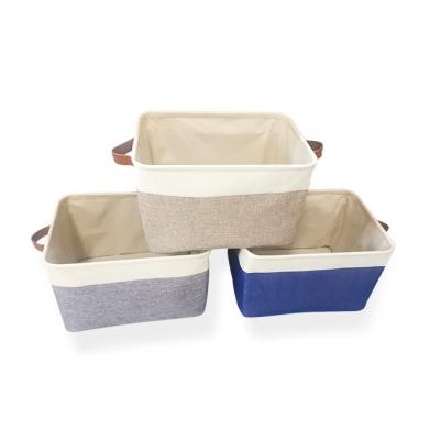 China Amazon Sustainable 2020 Best Seller Collapsible Canvas Storage Baskets With Leather Handles for sale