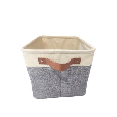 China Toy Foldable Storage Box Linen Viable Clothes Fabric Basket Storage Organizer with Leather Handles for sale