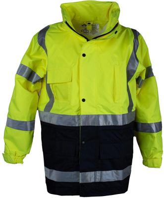 China 100% Polyester 300D Oxford With PU Or PVC Coating 190T Taffeta Lining Two Tone Lime Yellow Black Reflective Class 3 Safety Parka Jacket Zipper And Pockets for sale