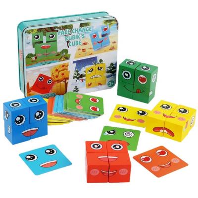 China Europe Wooden Expressions Matching Block Puzzle Games Wooden Building Block Educational Toys For Children Baby 3D Wooden Puzzle for sale