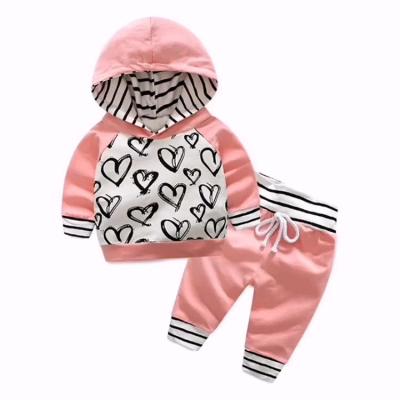 China Washable / Breathable Girls Spring Clothes Long Sleeve Hoodie Heart Print Set Top With Striped Pants Two Piece Set Sweat Girls Fashion Kids Outfit for sale