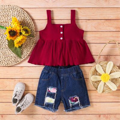 China Washable/Breathable Baby Summer Sets Top Suspenders With Denim Shorts Two Piece Set Sweated Wholesale Fashion Kids Clothes Girls for sale