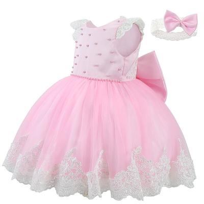 China Girls Breathable Costumes For Party Sleeveless Lace Patchwork Backless Dress With Pearl Baby Summer Dress Kids Wear for sale