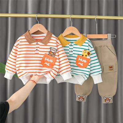 China Super Soft Toddler Boy Spring Clothes Long Sleeves Striped Knitted Tops + Cartoon Pattern Pants Two Piece Set Kids Clothes 2022 for sale