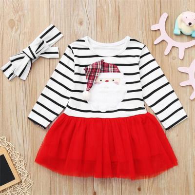 China Washable/Breathable Baby Christmas Outfit Striped Top With Santa Claus Patchwork Chiffon Skirts Girls Dresses For Party Kids Clothing Dress for sale