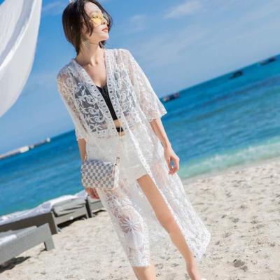 China Beach Kaftan Anti-UV Cover Ups Summer White Beach Dress Long Lace Swimsuit For Woman Breathable Overall Anti-UV Dress for sale