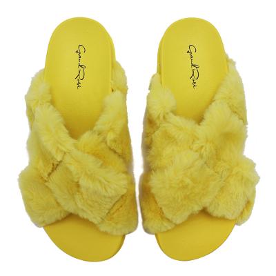 China Fashion Trend Ex-LA Warehouse Lady Winter Fashion Faux Fur Slippers Cross Slide Top Home Warm Flat Sandal for sale