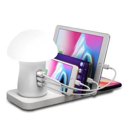 China Multiple USB Wireless Charging Station with Mushroom LED Night Lamp 3 in 1 Qi Wireless Fast Charger Dock Fast Charging Station with Phone USB Charger EU USA UK Desktop Plug mushroom light portable for sale