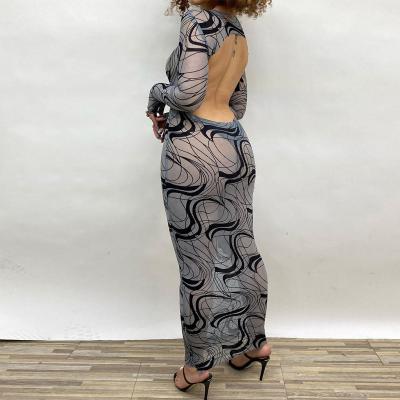 China Wholesale Anti Static Boutique Women Fashion Elegant Anti Static Print O Sleeve Bodycon Long Neck Backless See Mesh Dresses for sale