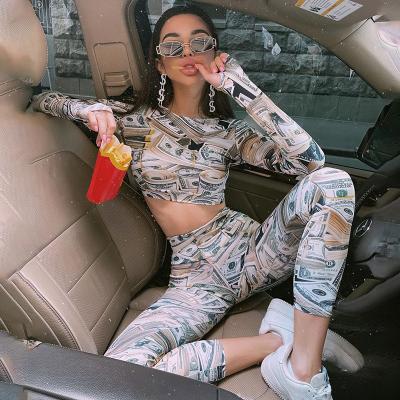 China INS Breathable Breathable Winter Hot Selling Silver Printed Long Sleeve High Crop Long Top Gaiters Two Piece Pants Outfits Set For Women for sale