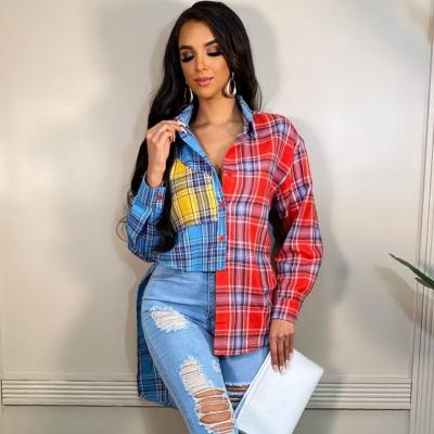 China Autumn New Fashionable Wholesale Breathable Patchwork Patchwork Color Contrast Contrast Plaid Shirts For Women for sale