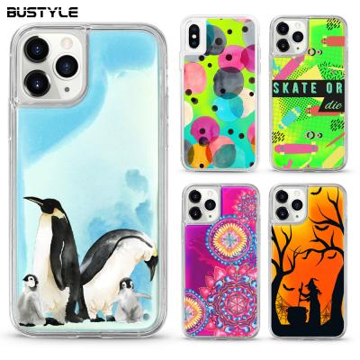 China Custom Shockproof Quicksand Glitter TPU PC Phone Case For iPhone 11 Liquid Neon Sand Glow In Dark Case For iPhone 12 Pro Max for sale