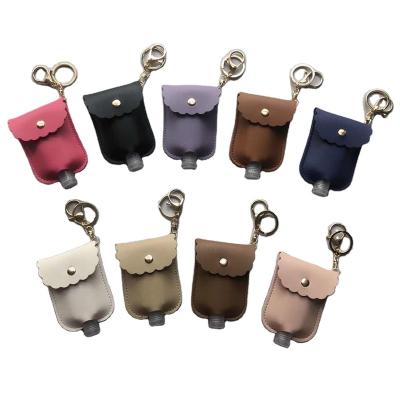 China 30ml Double Sided Leather Hand Sanitizer Case Key Chain Liquid Soap Bottle Cover Device Leather Portable Outdoor Pendant for sale