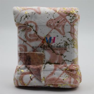 China Soft JMH Design Purple Pink 240GMS Gold Print custom throw Baby quality Flannel Stock Blanket for sale