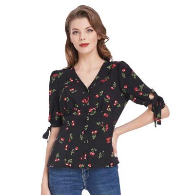 China OEM Vintage Cherry Pattern Shirt Short Puff Sleeves V Neck Breathable Button Placket Women Retro Tops for sale