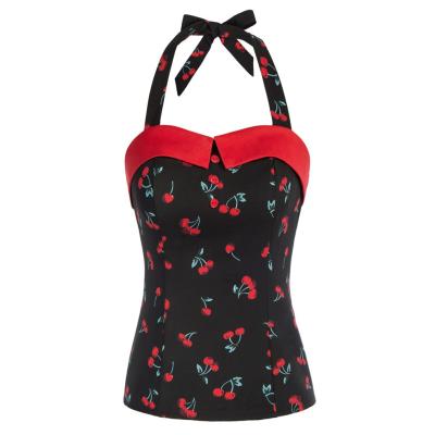 China OEM Cherry Pattern Breathable Cami Tops Smocked Back Vintage Print Sexy Halterneck Tops For Ladies for sale