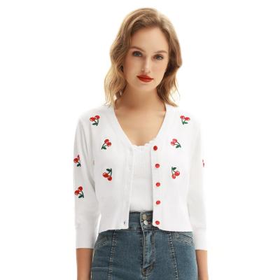 China OEM Breathable Cherry Trees Embroidery 3/4 Sleeve Cropped Knitwear Women V-Neck Embroidery Vintage Cardigan for sale