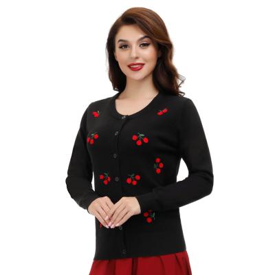 China Breathable Women BPA02171 Cherry Pattern Sweater Cardigan Long Sleeve Crewneck Knitwear for sale