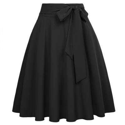 China Plus Size OEM Black High Waist Self-tie Bow-knot Embellished Flared Pleated Women's Ladies Skirts A-line for sale