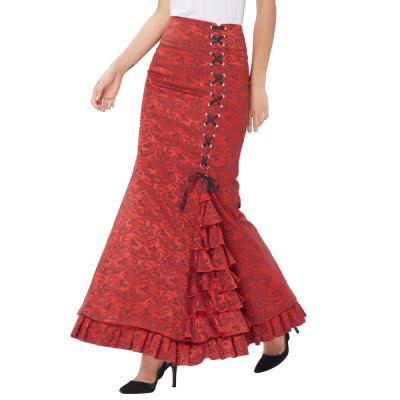 China Mermaid Hem With Ruffled Details BP Women Vintage Victorian Style Retro Ruffled Jacquard Fishtail Mermaid Long Maxi Skirt Red BP000204-2 for sale