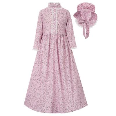 China Cotton Long Sleeve Kids Breathable Girls Dress+Hat OEM Colonial Pioneer Costume for sale