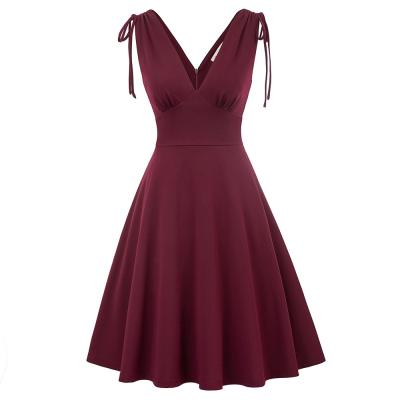 China Vintage Breathable Retro Women Elegant Sleeveless Deep V-Neck Swing Dress Dress for sale