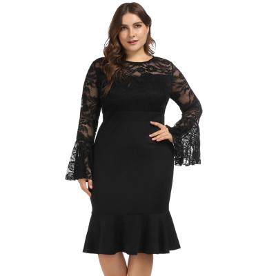 China OEM Breathable Women Ladies Plus Size Bell Sleeve Crew Neck Lace Patchwork Mermaid Sexy Long Dress for sale