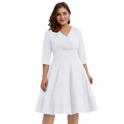 China Breathable OEM Defined Waist 3/4 Sleeve V-Neck Flared Dress Fashion Party Club Plus Size Dress for sale