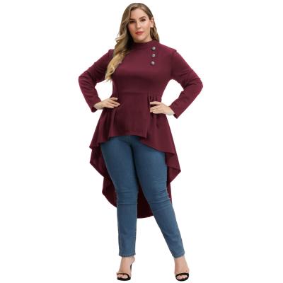 China Lady OEM Breathable Mock Neck Long Sleeve Buttons Decorated High Low Colored Women Plus Size Tops for sale