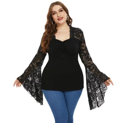 China Durable Ladies Renaissance OEM Long Sleeve Cotton Black Lace Bell Sheath Tops Womens Plus Size for sale