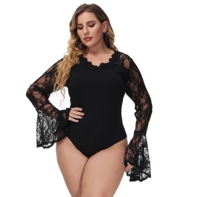 China OEM Breathable V-Neck Teddy Plus Size Long Sleeve Lace Patchwork Tops Women's Jumpsuits for sale