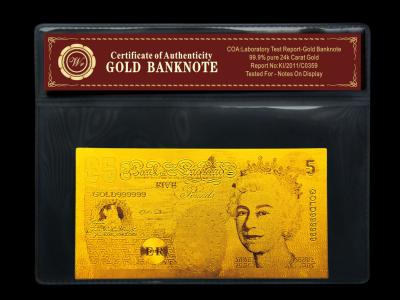 Chine Support pur de billet de banque de billet de banque de l'or 24K de livre £5 BRITANNIQUE avec le portefeuille et le certificat à vendre