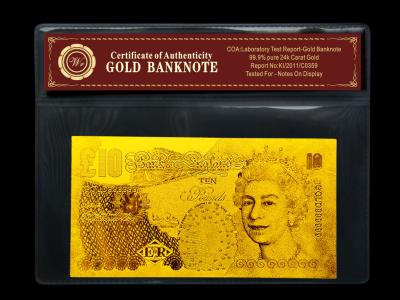 China Pure 99.9% 24k Gold Banknote £10 Pound Banknote,Include Certificate Great Gift for sale