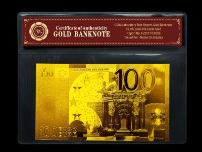 China Dubbel embleem 100 euro folie24k gouden bankbiljet met pvc-kader + COA Te koop