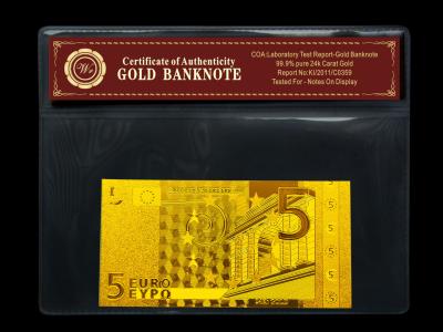 China Graveer 24k Gouden bankbiljet€5 Euro Nota met Schitterende Authenticiteit COA NR Te koop