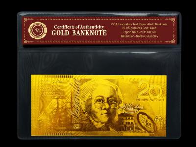 China Het Australische Gouden die Bankbiljet van 20 Nieuwe AUD 24K met * 65MM Grootte 145 wordt geplateerd Te koop