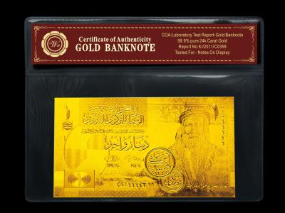 China RARE JORDANIAN Dinar 1 Pure 24K Gold Foil Banknote with COA 133 * 75MM for sale