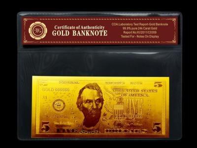 China Blatt USA $5 des Gold 24kt Gold überzog Golddollarschein Banknoten-Münzsammlung zu verkaufen