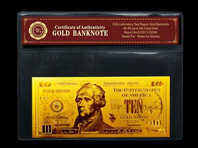 China gold plated notes $10 gold dollar bill plastic holder for present Gift for sale