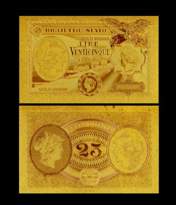 China Pure 24K Gold Plated Banknotes Italy 25 Lire Bill For Collection for sale