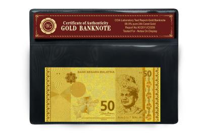 China Collecting Gifts 24k Gold Banknote Engraved Malaysia 50 Ringgit With Certificate Card for sale