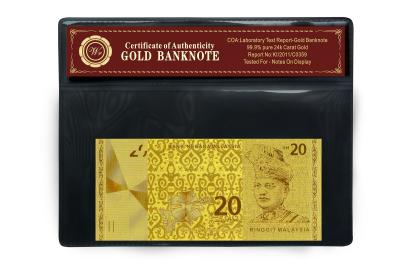 China Ringgit de Malasia 20 grabado en relieve en 24 paquetes plásticos del tenedor del billete de banco puro del oro del quilate en venta