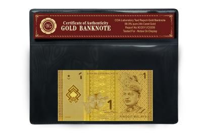 China Gorgeous Note Malaysia 1 Ringgit 24k Gold Banknote With Plastic Holder for sale