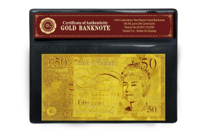 China Las libras £50 platearon el billete de banco del oro 24K en venta