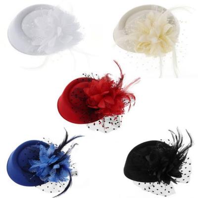 China Lace brim wholesale vintage hat flower hairpin feather veil wool hat for party wedding for sale