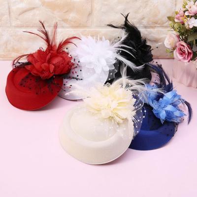 China Lace up party hot sale vintage brim hairpin flower top hat multi color feather veil hat wholesale for sale