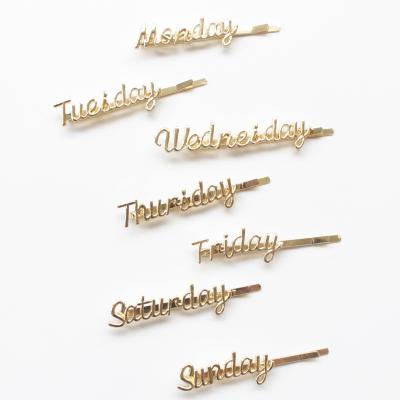 China Single Week Name Girl Hair Clip Gold Metal Monday Letter Hair Clip for sale